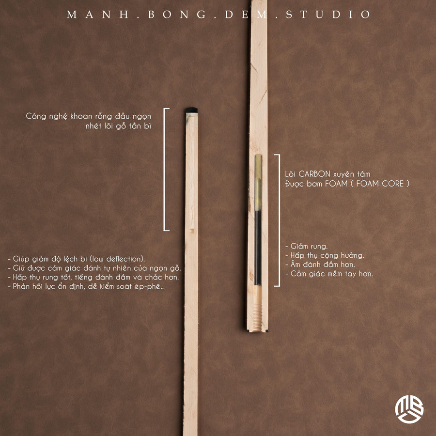 Gậy Bida RT Imperial & Elite Series – Ngọn Mộc Full Công Nghệ Carbon Xuyên Tâm | Rỗng Đầu Ngọn | MBD Studio